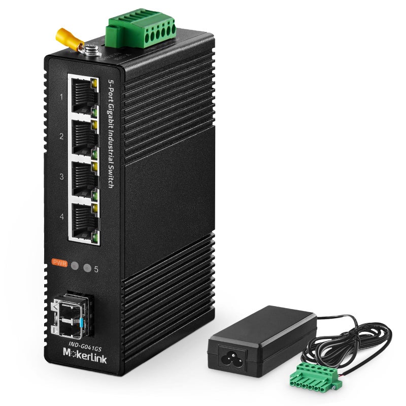 MokerLink 5 Port Industrial DIN-Rail Network Switch, 4 Gigabit Ethernet, 1 SFP, 14Gbps Switching Capacity, IP40 Rated (-40 to 185F), With UL Power Supply - Image 1